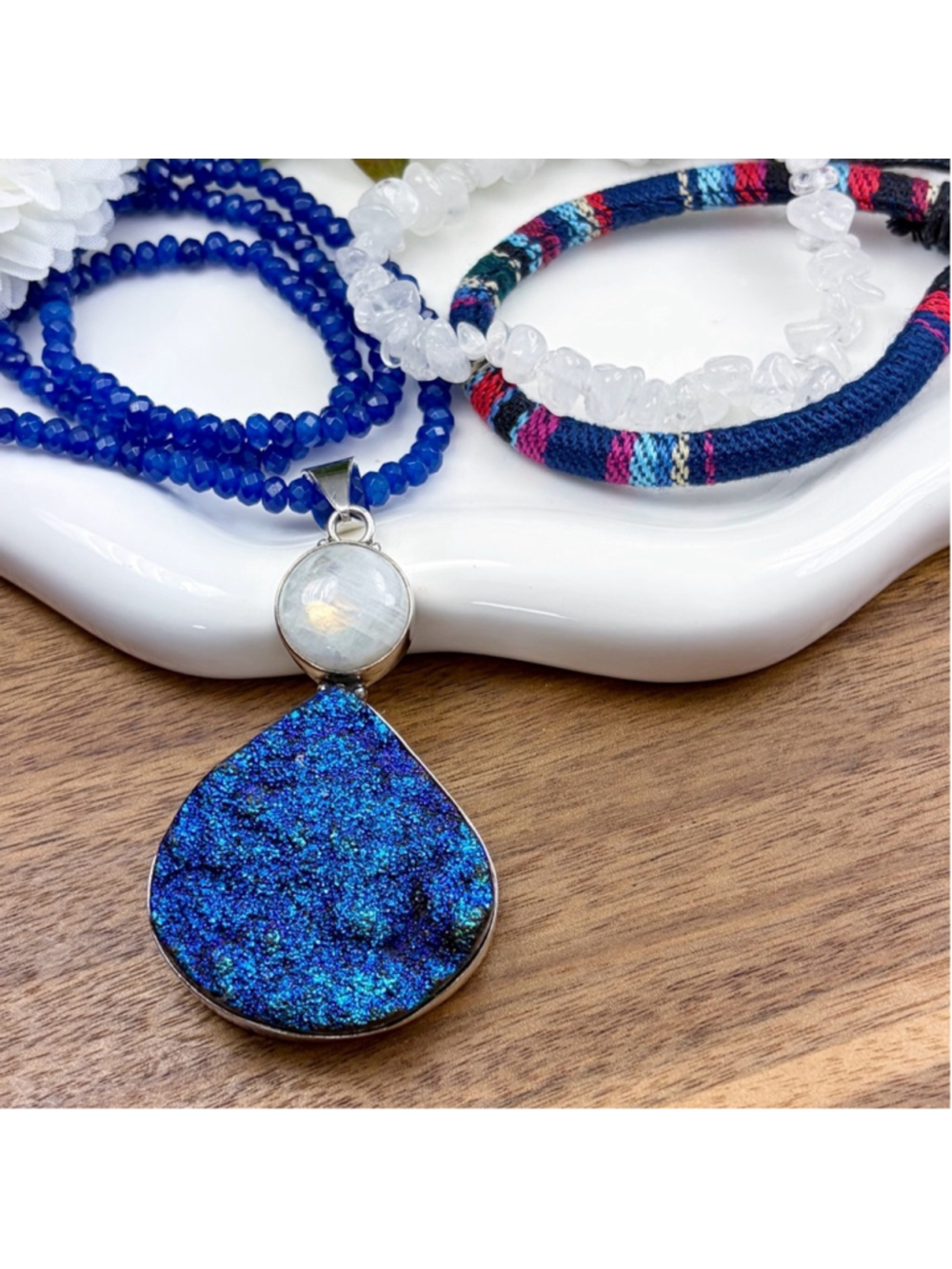 Genuine Titanium Druzy Quartz Moonstone Pendant Necklace Jewelry Set Lot 925 - Picture 3 of 11